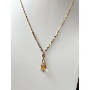 Gold Rhinestone Necklace With Amber Crystal Drop Pendant